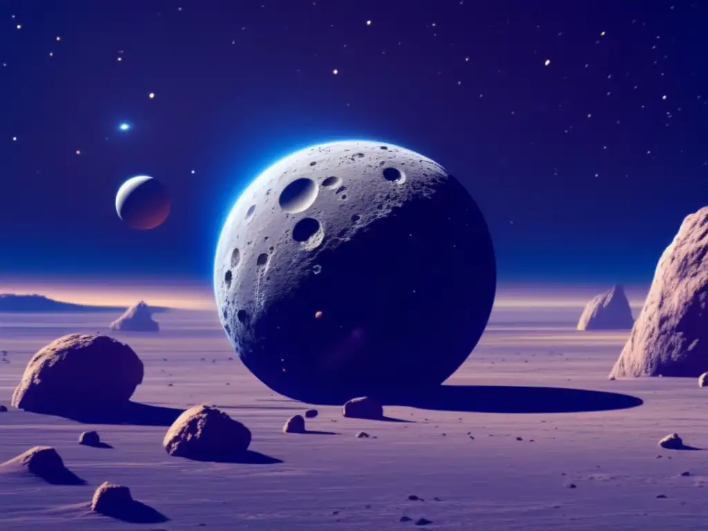 alt: A beautiful photorealistic image of a black void with a small asteroid hovering in front of a deep blue planet, filled with small white spots