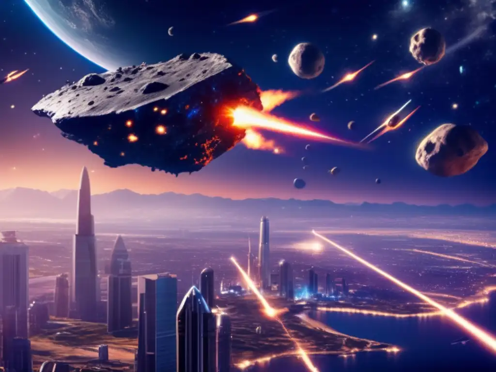 A photorealistic image of an asteroid looming over a city, surrounded by spacecrafts equipped with weapons and deflection technologies