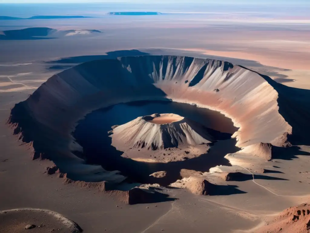 A breathtaking view of the Barringer Crater, with jagged edges and rocks surrounding it, captured from an elevated angle