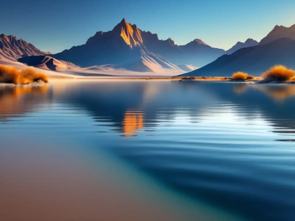 Amidst the desolate sparse desert is a crystal-clear lake, facing a grandiose mountain range