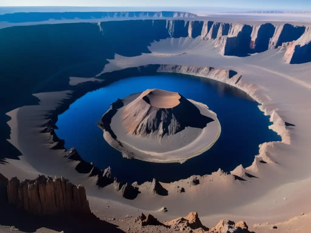 A striking, photorealistic view of a crater in a barren, desolate landscape, surrounded by jagged, muted-colored cliffs that reach towards the sky
