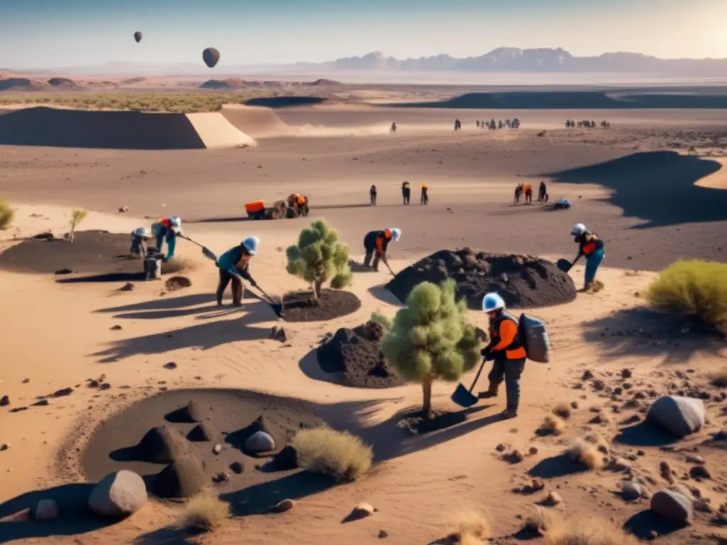 A group of individuals wearing protective gear plant trees in a barren desert landscape surrounded by asteroid rock and meteor craters
