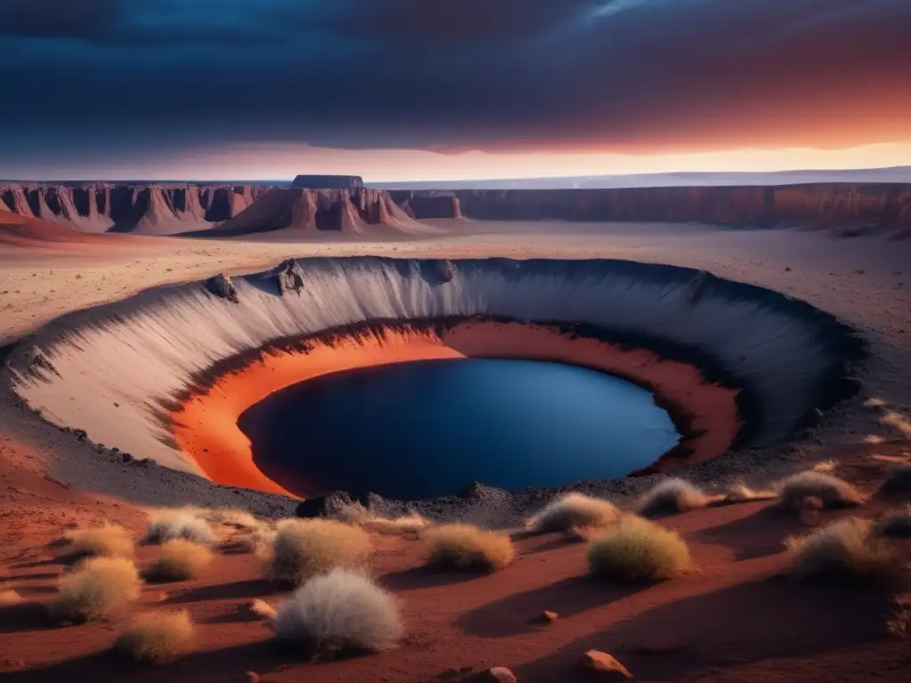 A photorealistic image of an isolated landscape reveals a hidden impact crater in its foreground