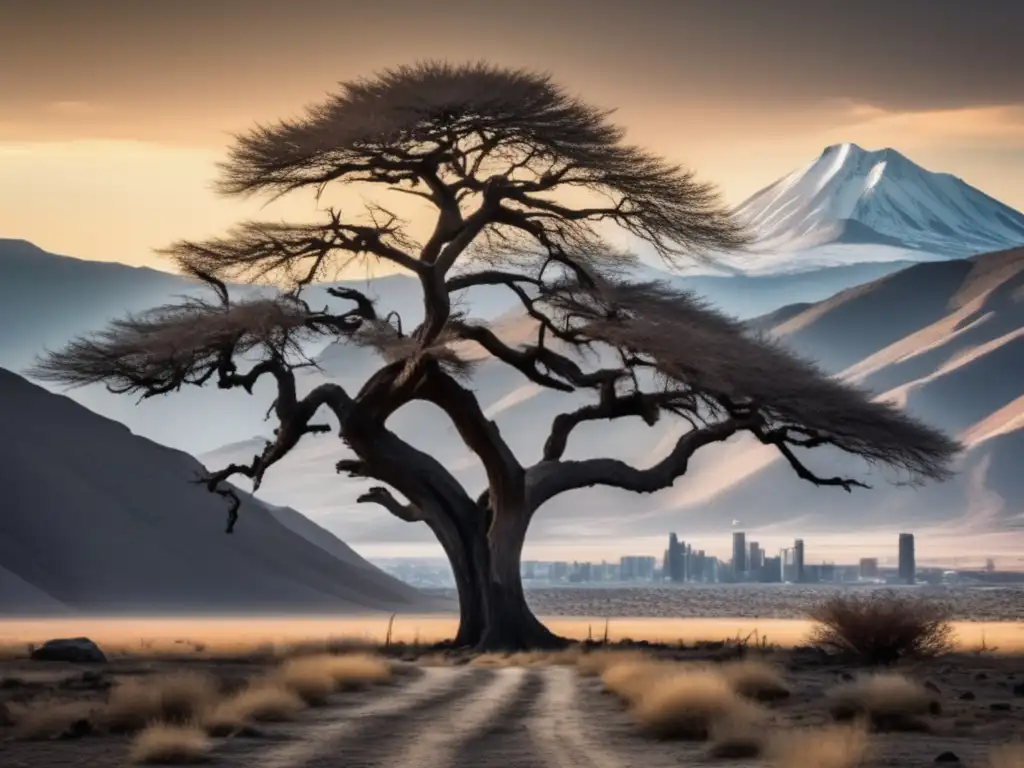 A poignant image of a barren landscape, with looming mountains in the backdrop, and a lone, gnarled tree standing tall against the sky