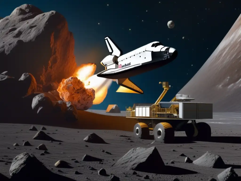 Detailed photorealistic depiction of a space shuttle mining an asteroid