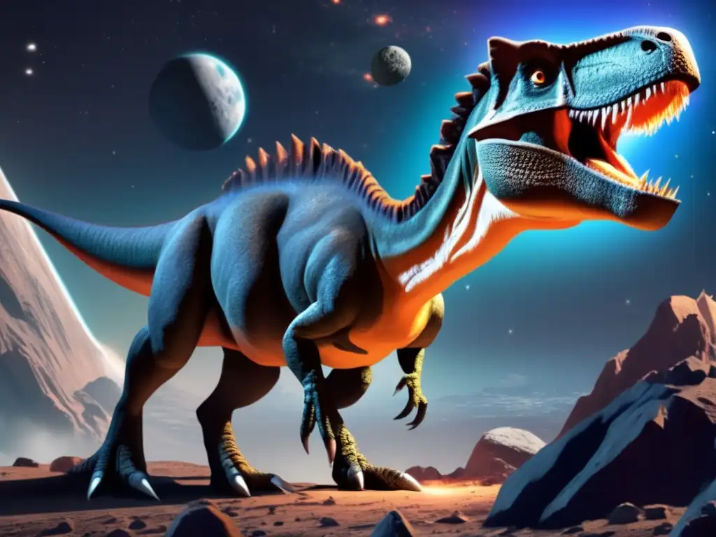 A lifesized photorealistic depiction of a fictional prehistoric dinosaur, flanked by a volcanic asteroid floating in space