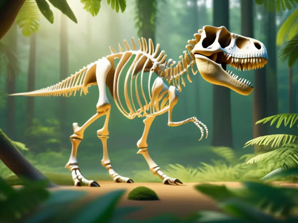 A serene forest environment, with a majestic dinosaur skeleton lit by golden sunlight, answering your questions in great depth