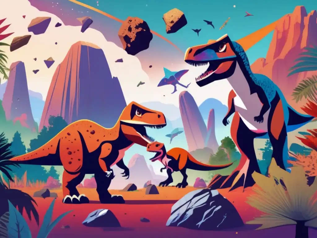 An breathtaking collage of asteroids and dinosaurs coexist in a surreal landscape, showcasing the intricate details of rock formations and plant life