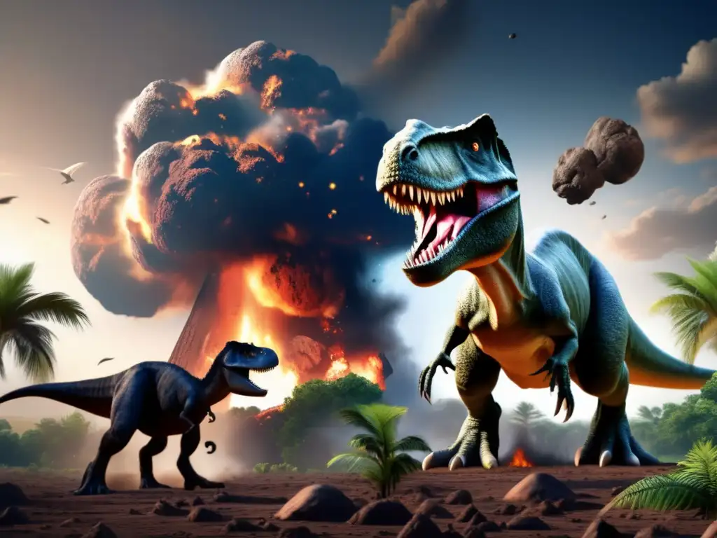 A photorealistic depiction of an asteroid's catastrophic impact on Earth, with a terrified dinosaur in the foreground