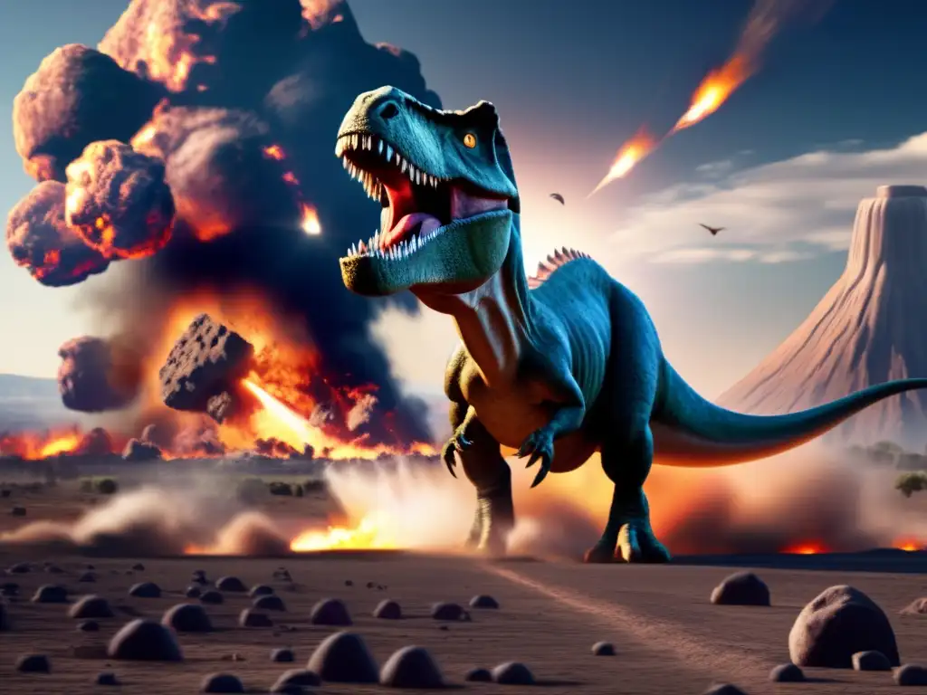 A haunting photorealistic image of an asteroid streaking towards Earth, with a dense dinosaur field in the foreground