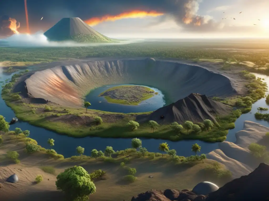 A photorealistic image of a massive asteroid impact crater surrounded by lush vegetation and colossal dinosaur fossils