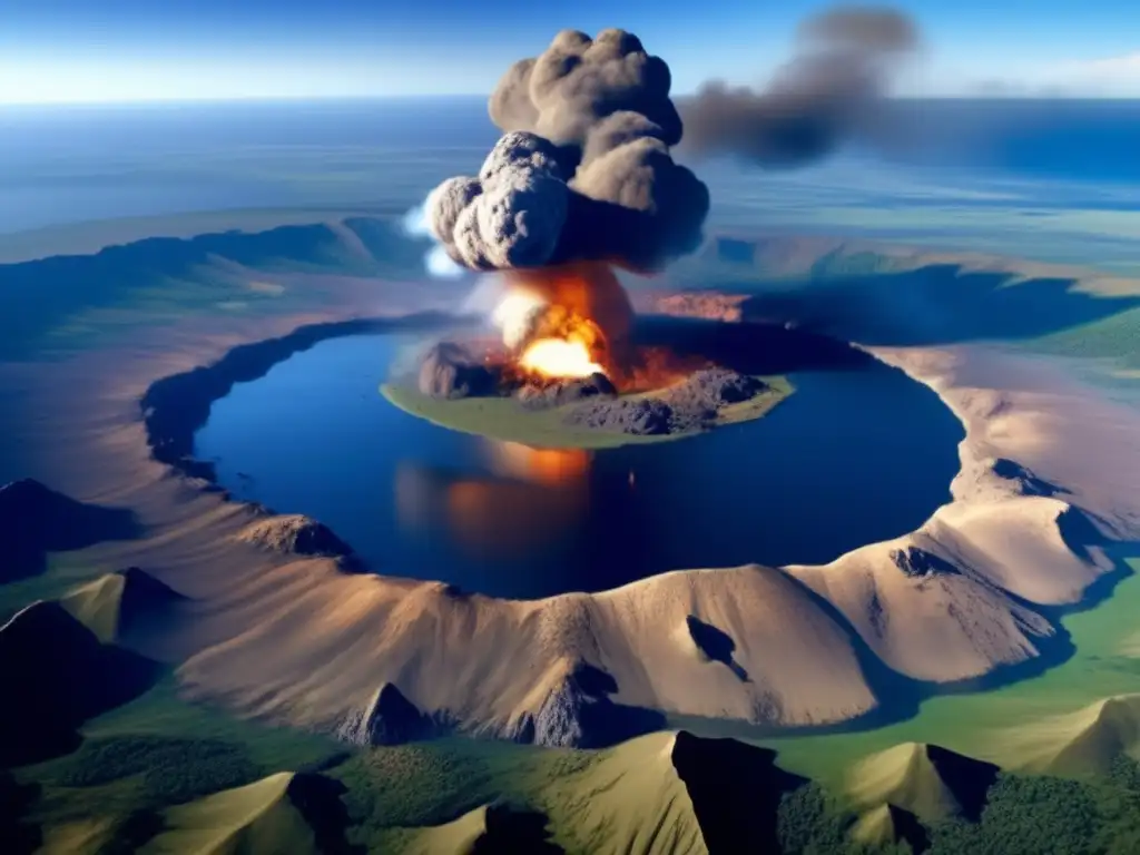 Image depicts a dramatic asteroid impact on Earth during the dinosaur extinction, creating massive craters and smoke clouds visible from space