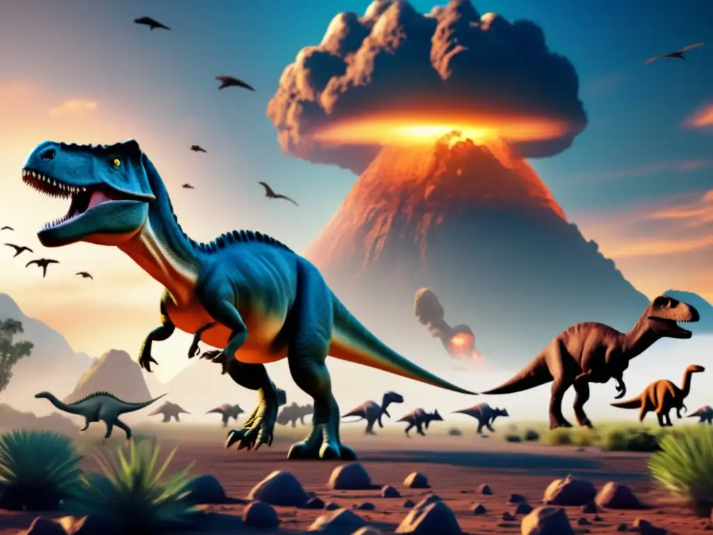 A photorealistic painting of a dinosaur herd walking towards a massive, jagged asteroid in the sky