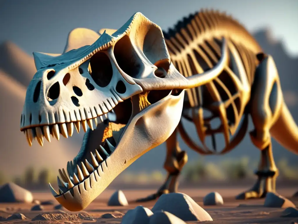 A haunting closeup of a dinosaur skeleton, its individual bones and teeth clearly visible against the backdrop of a large asteroid impact crater