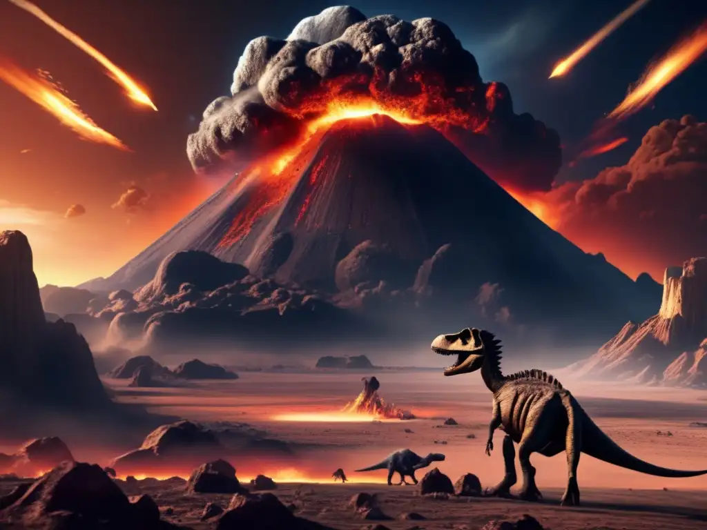 A massive asteroid approaches a prehistoric Earth, accompanied by towering infernos and ash clouds