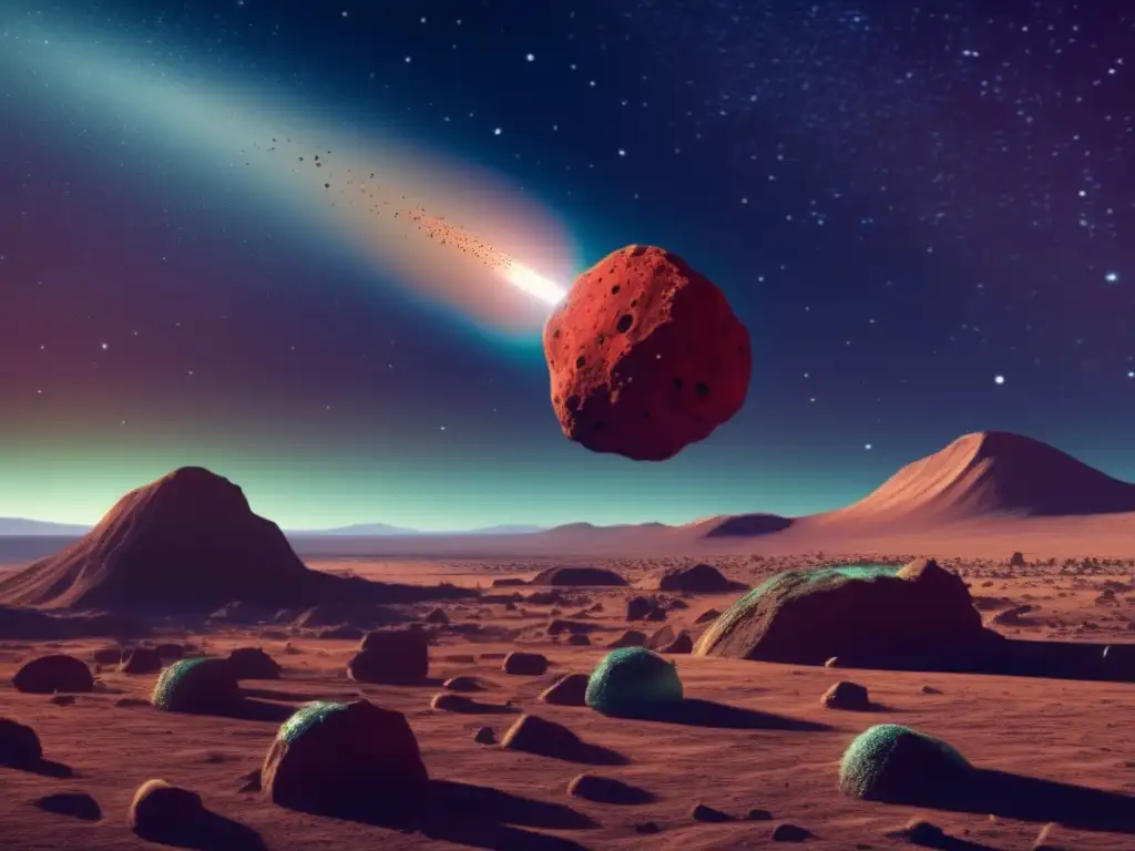 An applered asteroid rests amidst golden-brown debris, its surface marred by pits and craters