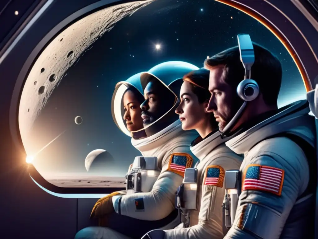 Discovering a new moon, a deep space exploration team gazes out the window of their spacecraft in awe, illuminated by the ethereal glow of the moon