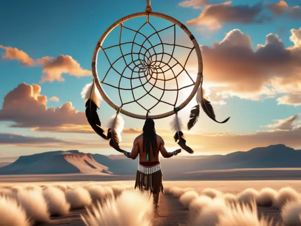 A serene Native American man holds a giant dreamcatcher, dangling from a fork in the open sky, casting shimmering reflections on the ground