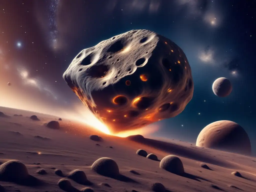 Amid swirling cosmic dust, a dynamic, ever-changing asteroid spins with fragile, organic structures fluidly shifting