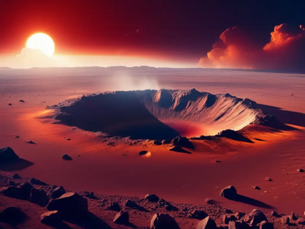 A breathtaking view of a red, barren planet with an asteroid impact crater in the center