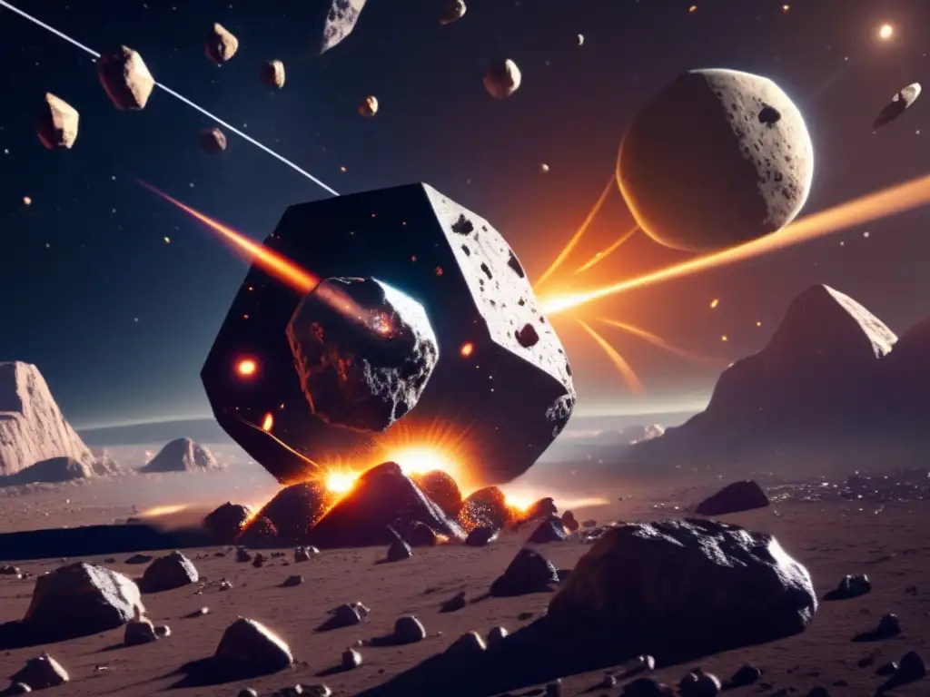 Dynamic and intense mission planning around an asteroid defense technique, this photorealistic image showcases a spacecraft maneuvering through a sea of asteroids with the sun in the background