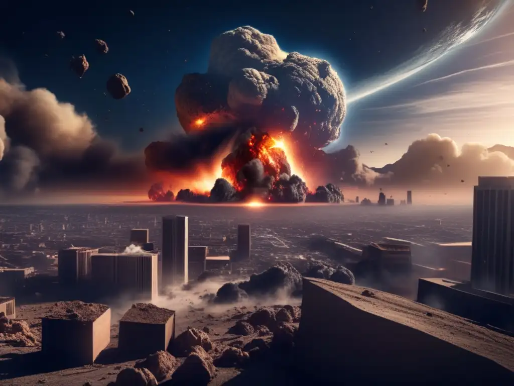 A photorealistic depiction of Earth, struck by a massive asteroid, causing widespread destruction in its path