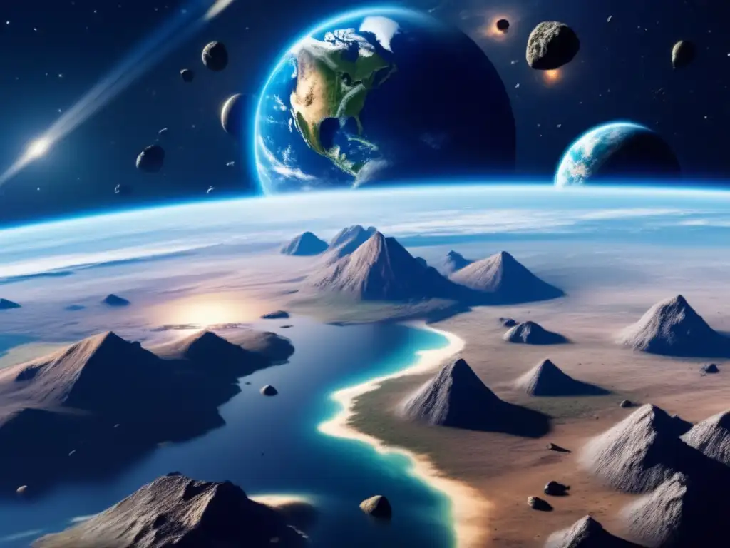 Photorealistic depiction of Earth from outer space, showing asteroid impacts while atmosphere deflects debris away