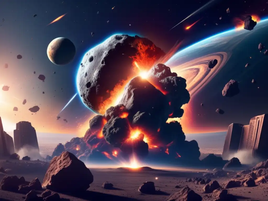 A photorealistic image of Earth colliding with an asteroid field, depicting extreme destruction and explosion