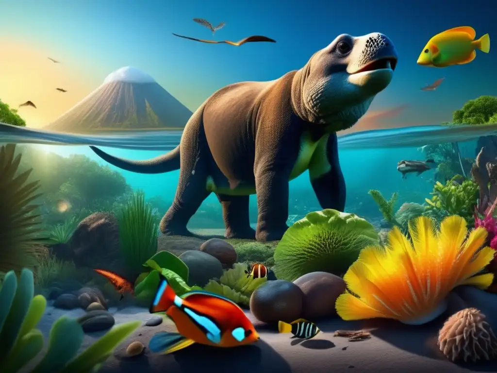 A breathtaking photorealistic artwork showcasing Earth's biodiversity after a devastating asteroid impact