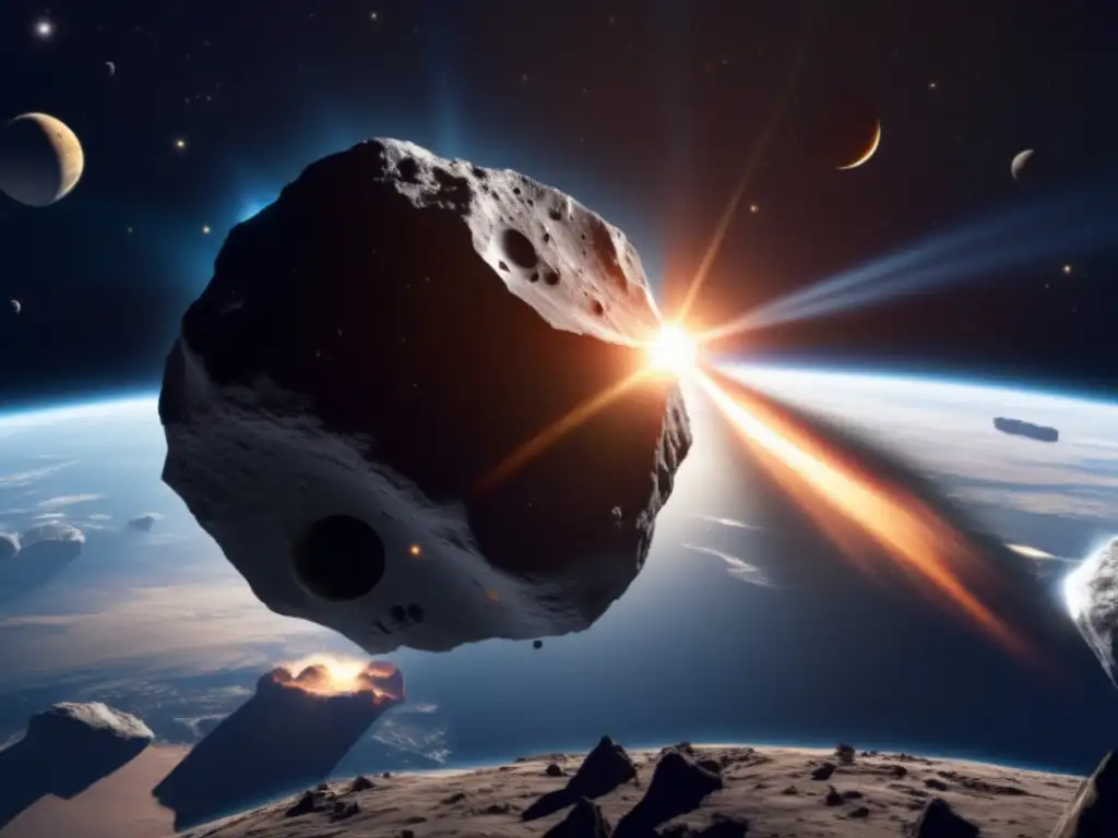 A captivating photorealistic image of an ominous asteroid hurtling through the cosmos, Earth audience unseen