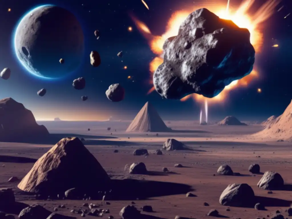 A photorealistic image of a cluster of asteroids in space, with a humanmade asteroid mining facility in the foreground