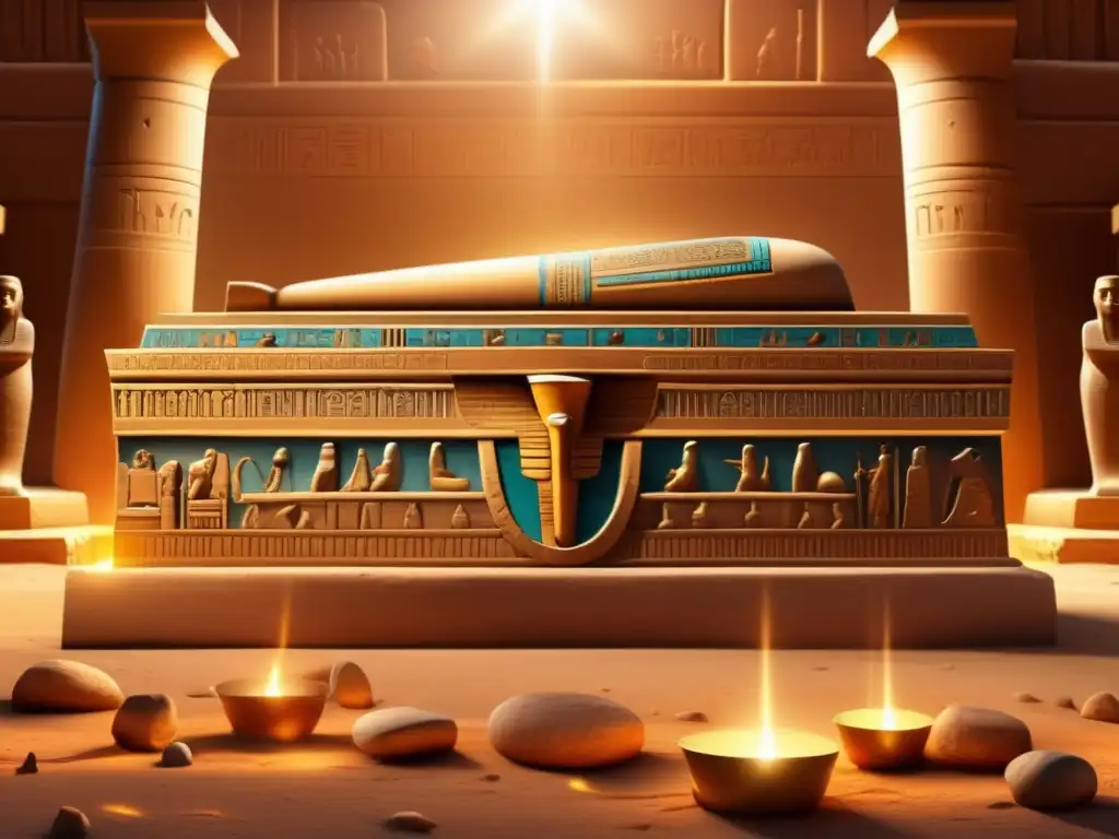 Discover ancient treasures in this photorealistic illustration of a grand Egyptian tomb, adorned with hieroglyphics and intricate carvings