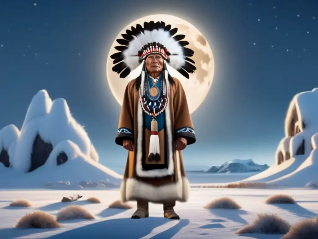 Native American elder -traditional dress -ancestral ceremony -full moon -Arctic tundra -asteroid streaking across sky -foreboding -urgency -photorealistic style