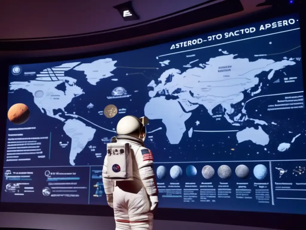 Astronaut in Robertian spacesuit kneels, pointing to a specific section on a large digital screen displaying intricate lines and symbols representing the areas of space surrounding asteroid Elpenor, annotations delineating key cultural symbols and landmarks in relation to its significance in various cultures throughout history