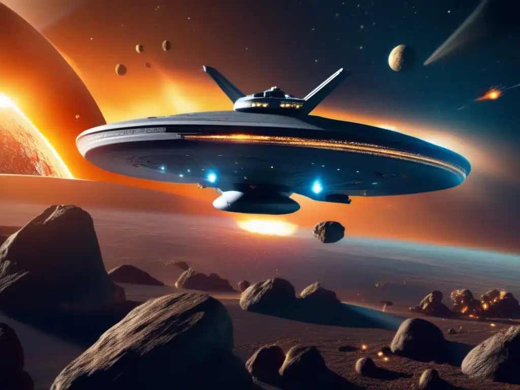 A photorealistic image of the USS Enterprise in danger as it approaches a rapidly rotating asteroid shielded by volatile debris