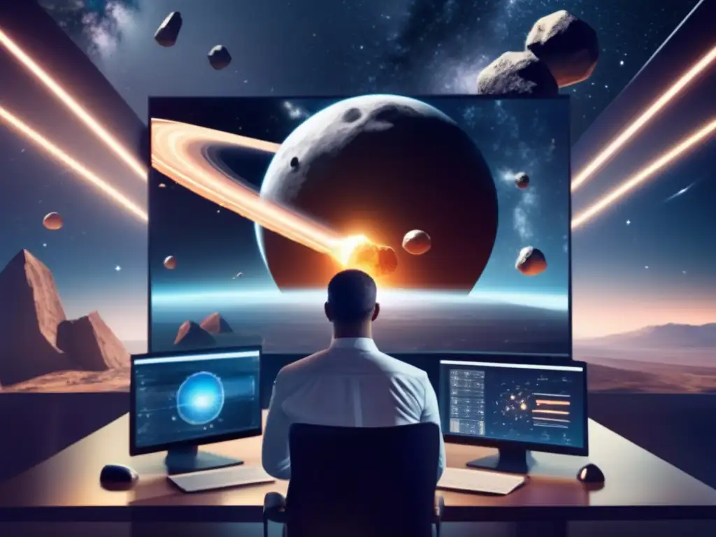 A photorealistic image of a company, symbolizing a visionary and ambitious entrepreneur standing in front of a mac displaying data statistics about successful asteroid mining, while the galaxy is visible behind with asteroids dotting the cosmos