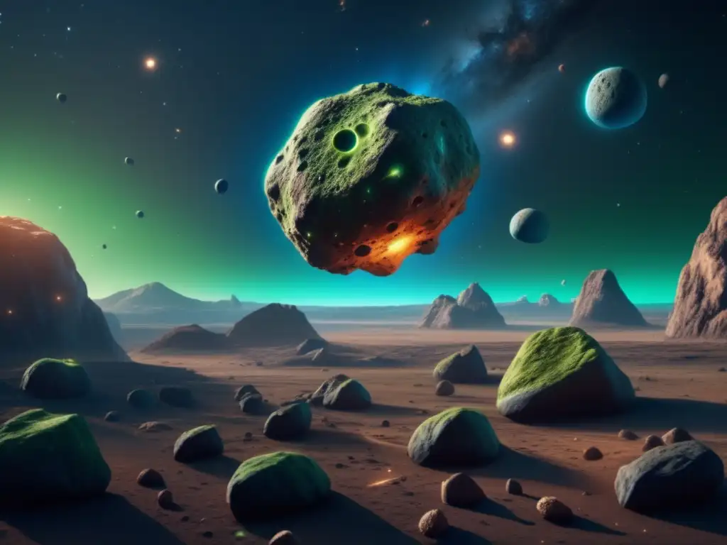 A stunning 8k image of the massive asteroid Eos, its surface craggy and pockmarked with impact craters, surrounded by a swirling sea of smaller asteroids, all set against a serene blue and green backdrop, evoking a sense of otherworldly wonder and awe