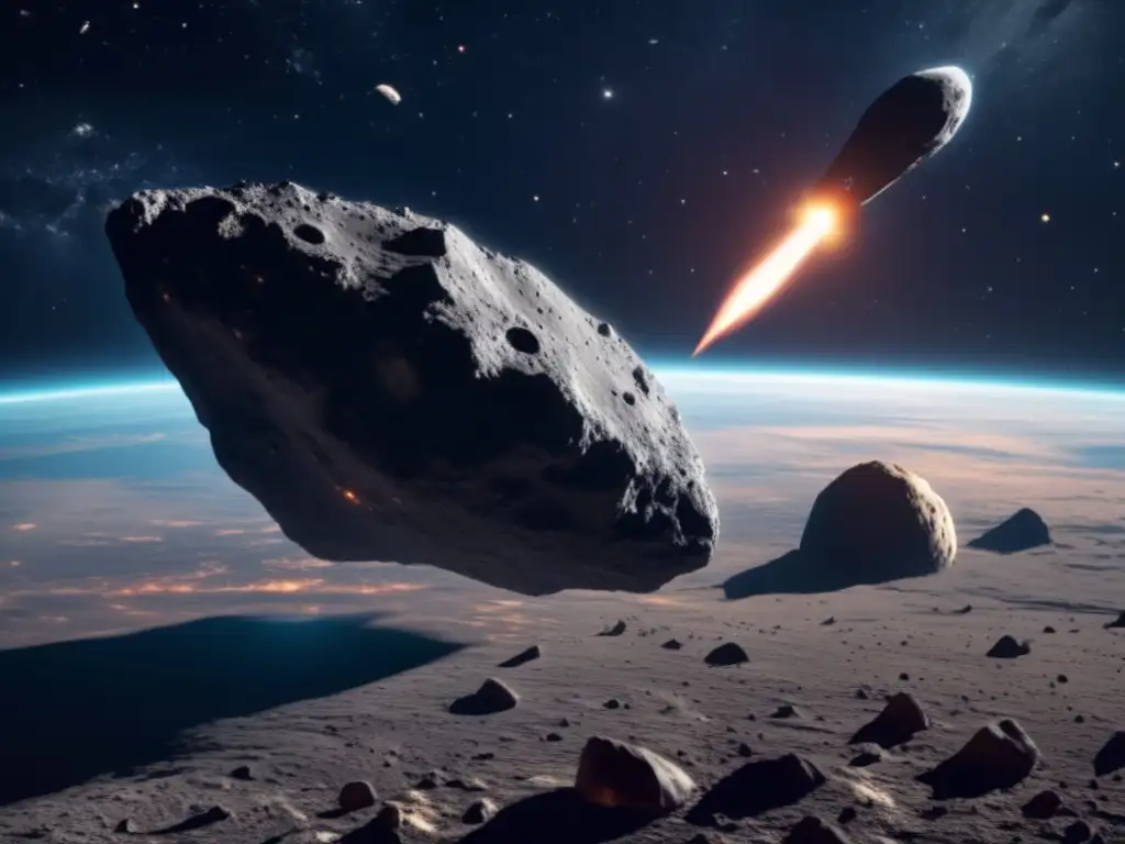 A speck of luminescence in the abyss: photorealistic illustration of Eos, the jagged asteroid, floating against the black void of space