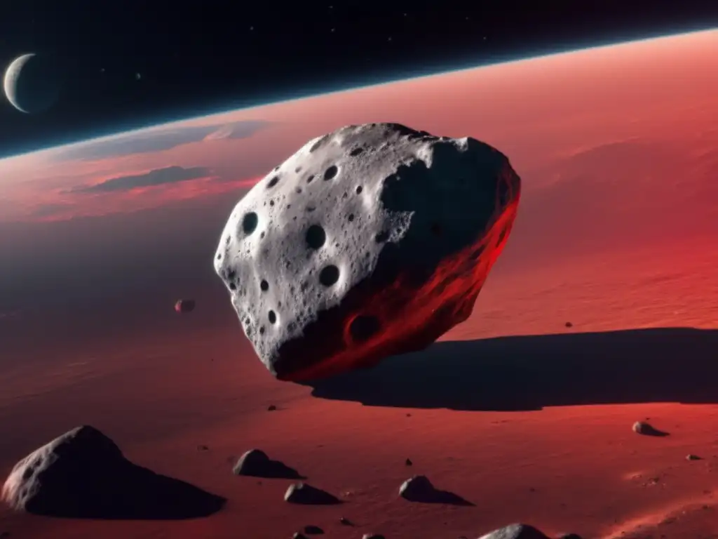 The Expanse's Eros - A photorealistic depiction of the asteroid's textured surface, with natural lighting highlighting its prominent red markings
