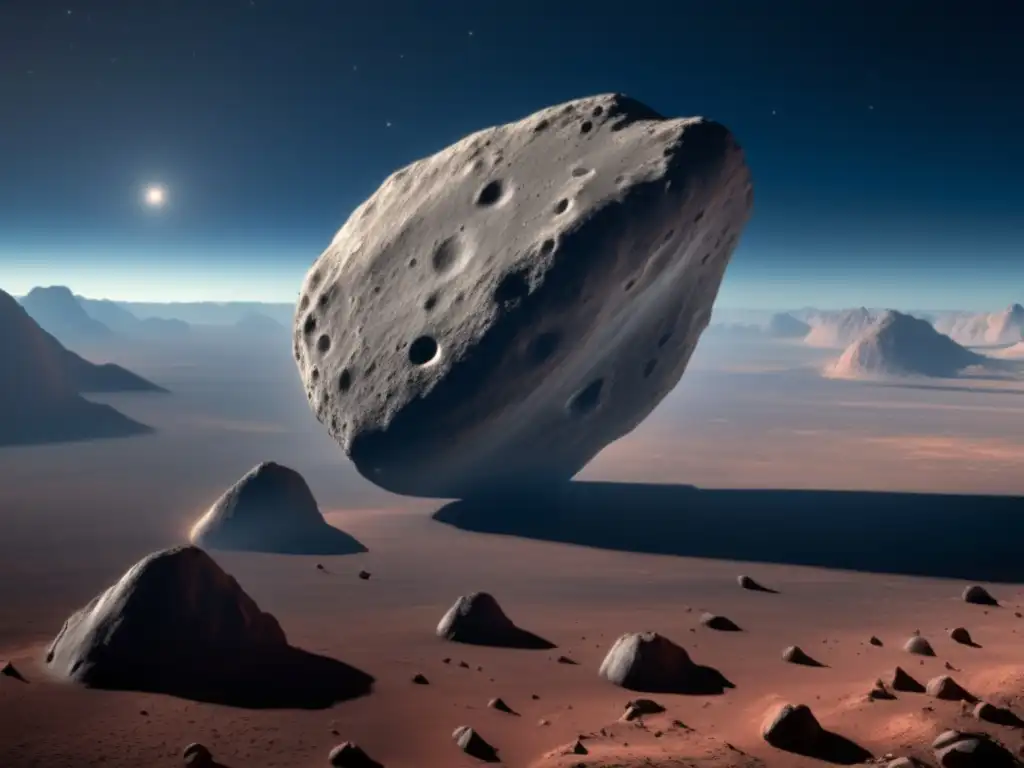 A photorealistic depiction of the asteroid 433 Eros, with its jagged surface and reddish-brown hue filling the entire frame, hurtling closer to Earth