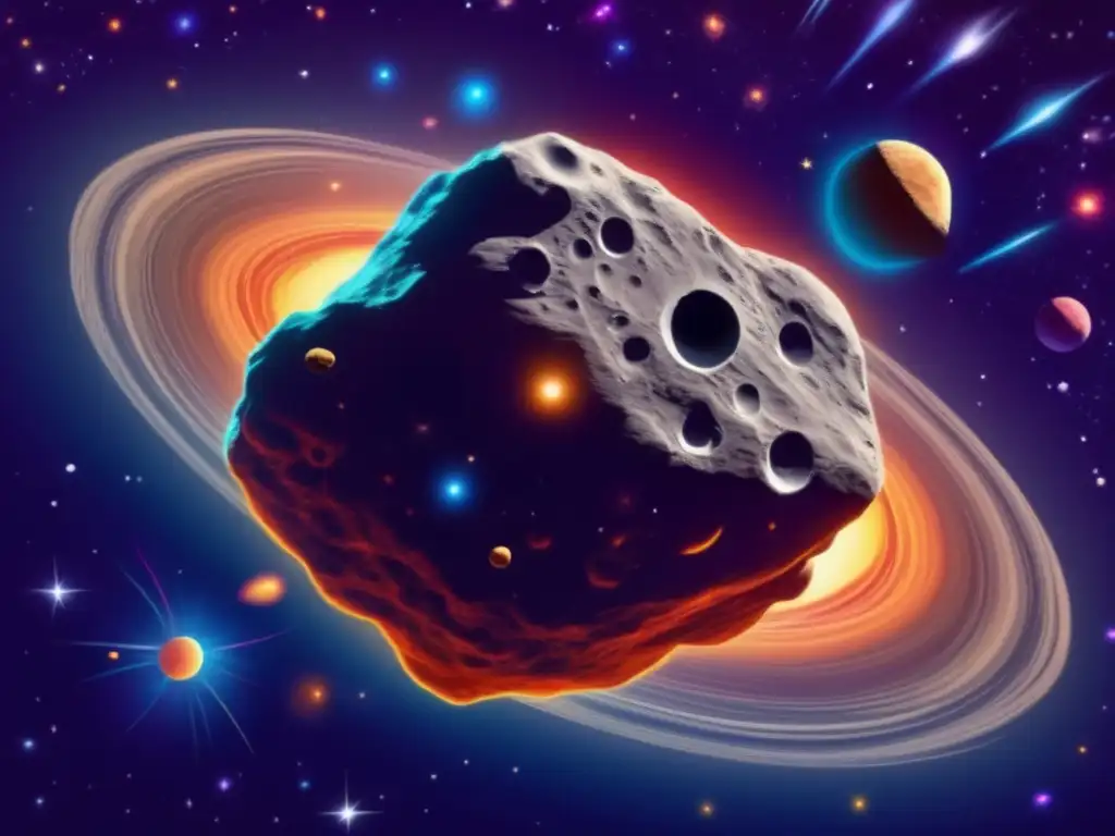 Vibrant inner space scene of an asteroid family with swirling clouds and stars, each labeled for unique characteristics