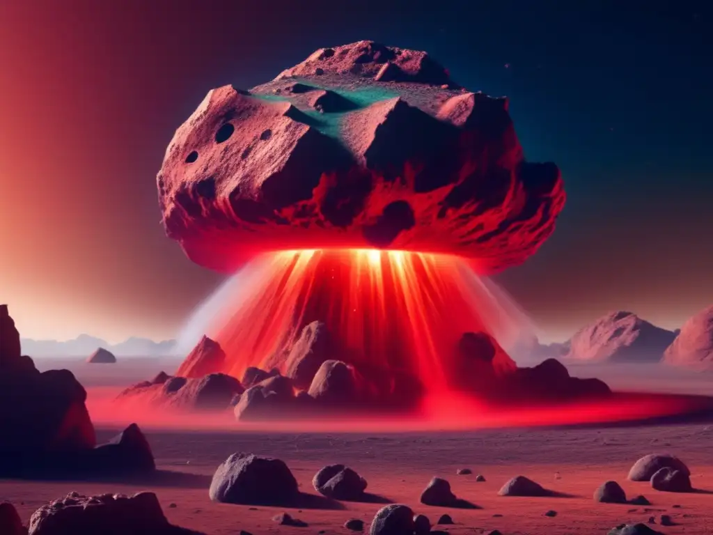 A photorealistic depiction of a large, red asteroid with jagged rocks jutting out from its surface