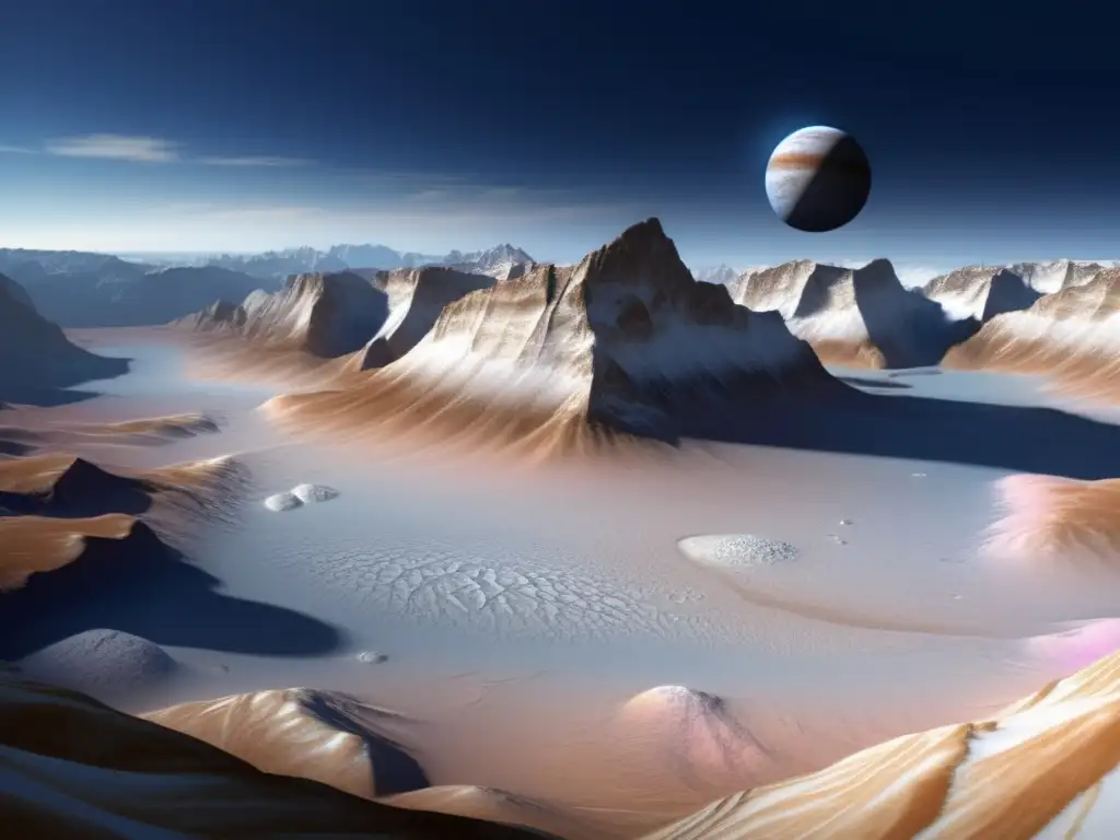 A stunning photorealistic depiction of Europa's icy landscape, showcasing towering ice mountains, vast icy plains, deep valleys, and a dark blue ocean beneath the icy crust