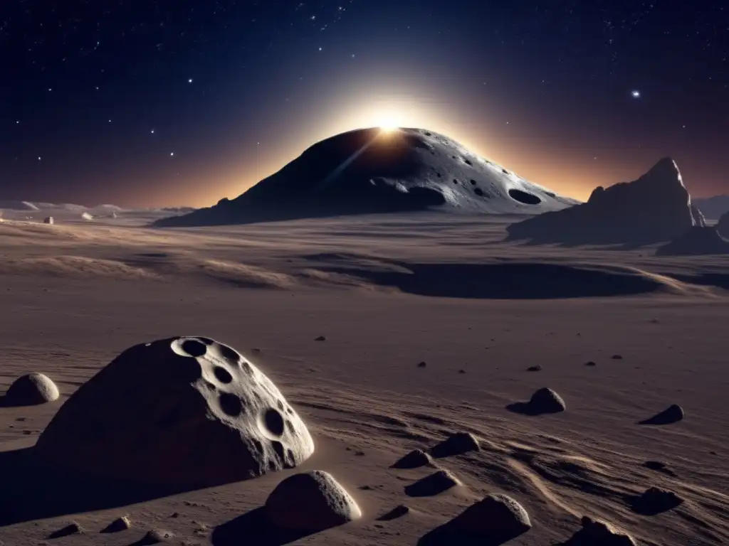 A photorealistic depiction of vast, desolate open space with Euryalus, the 18th-largest asteroid, looming in the distance