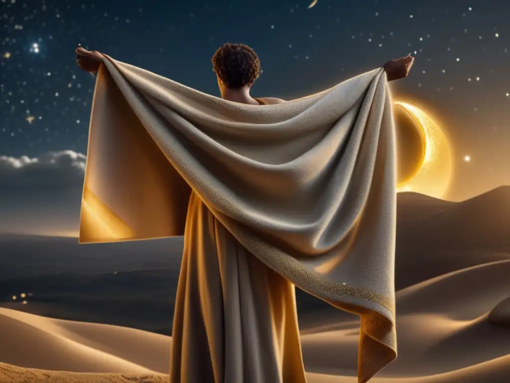 A golden mean cradled in towel-wrapped hands, amidst a twinkling starry sky, symbolizing Eurypylus' journey and his role in ancient mythology