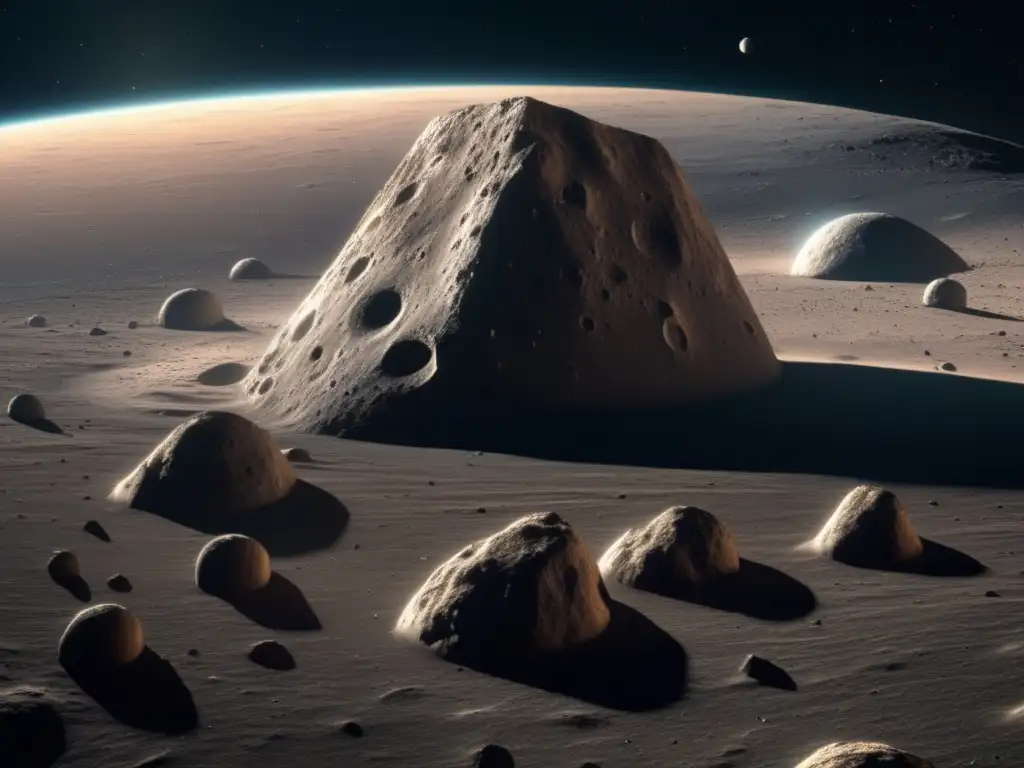 A photorealistic depiction of Asteroid Eurypylus showcases its intricate surface features, including craters, rifts, and valleys, while simultaneously displaying its captivating cluster of moons in the background