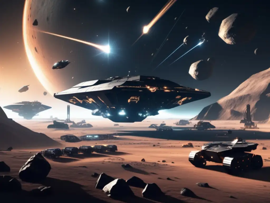 Dive into the heart of a busy asteroid mining base in Eve Online, surrounded by towering asteroids and a myriad of ships