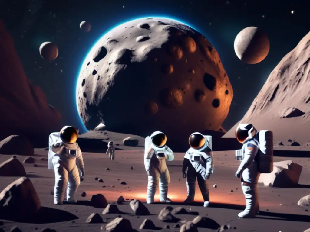 A captivating image of a small team of humans in space suits standing in front of a multi-faceted asteroid, amidst the vastness of dark space