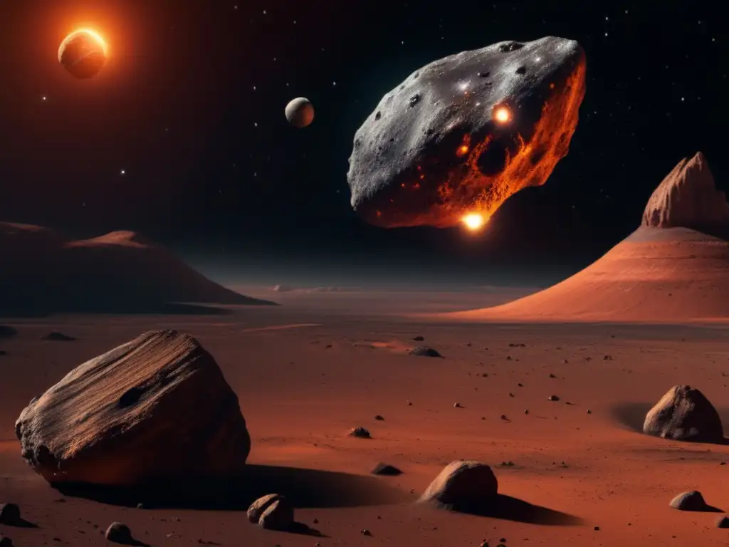 A photorealistic image of the asteroid 'Phoenix' and the spacecraft 'Exploring Mars' encounter