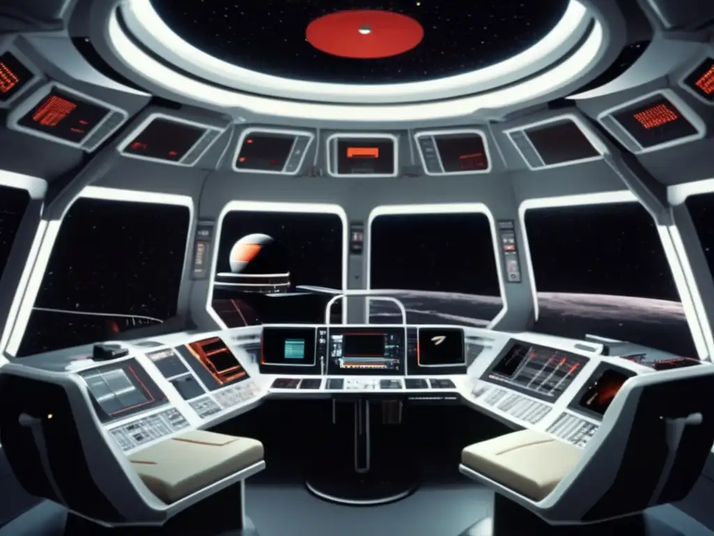 A captivating 3D photorealistic image of the control room from '2001: A Space Odyssey'